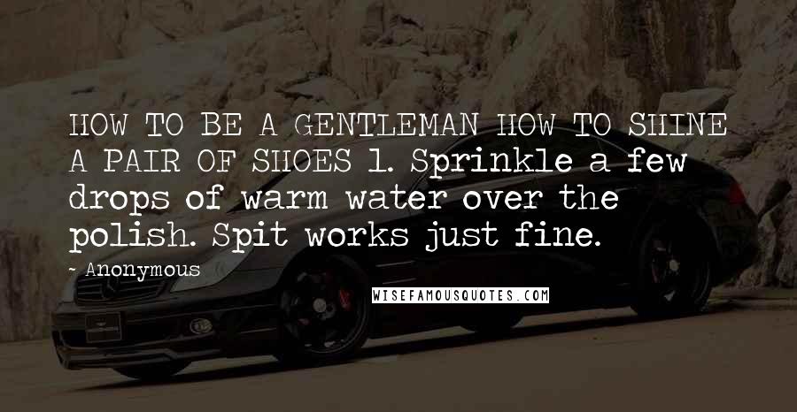 Anonymous Quotes: HOW TO BE A GENTLEMAN HOW TO SHINE A PAIR OF SHOES 1. Sprinkle a few drops of warm water over the polish. Spit works just fine.