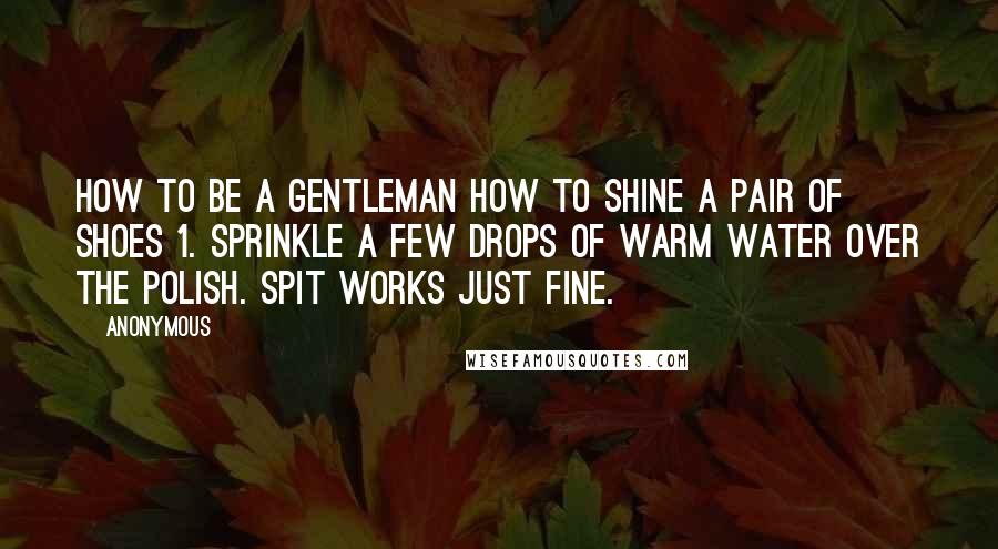 Anonymous Quotes: HOW TO BE A GENTLEMAN HOW TO SHINE A PAIR OF SHOES 1. Sprinkle a few drops of warm water over the polish. Spit works just fine.