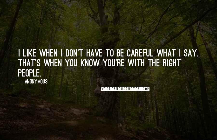 Anonymous Quotes: I like when I don't have to be careful what I say. That's when you know you're with the right people.