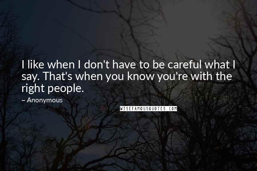 Anonymous Quotes: I like when I don't have to be careful what I say. That's when you know you're with the right people.