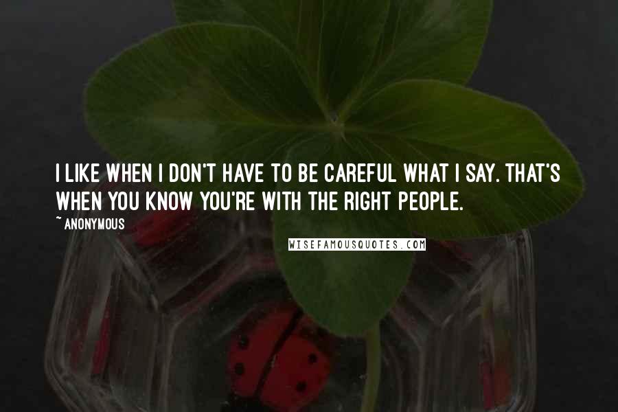 Anonymous Quotes: I like when I don't have to be careful what I say. That's when you know you're with the right people.