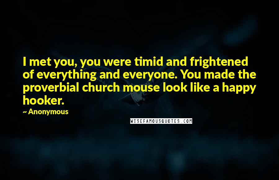 Anonymous Quotes: I met you, you were timid and frightened of everything and everyone. You made the proverbial church mouse look like a happy hooker.