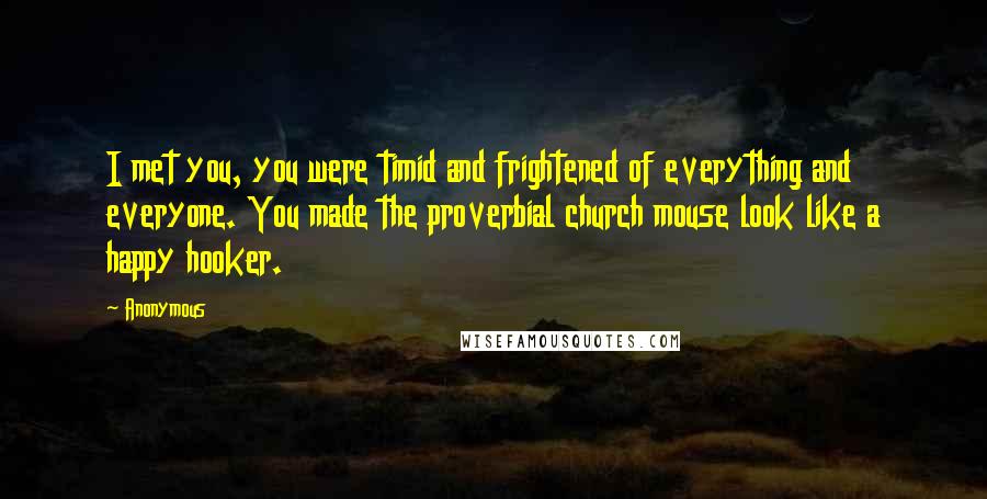 Anonymous Quotes: I met you, you were timid and frightened of everything and everyone. You made the proverbial church mouse look like a happy hooker.