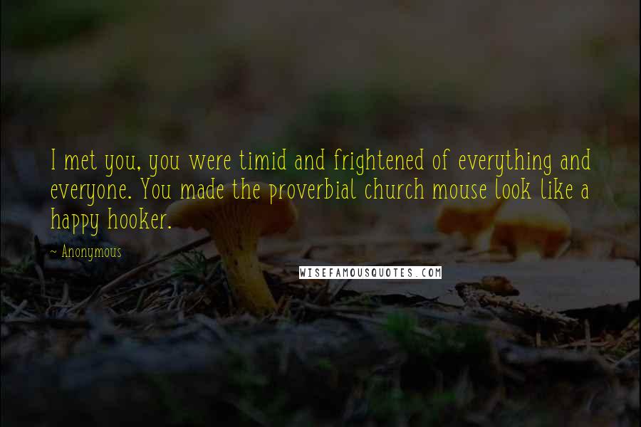 Anonymous Quotes: I met you, you were timid and frightened of everything and everyone. You made the proverbial church mouse look like a happy hooker.