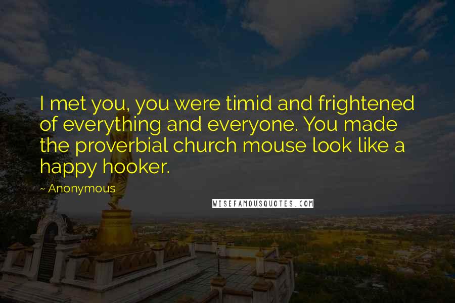Anonymous Quotes: I met you, you were timid and frightened of everything and everyone. You made the proverbial church mouse look like a happy hooker.
