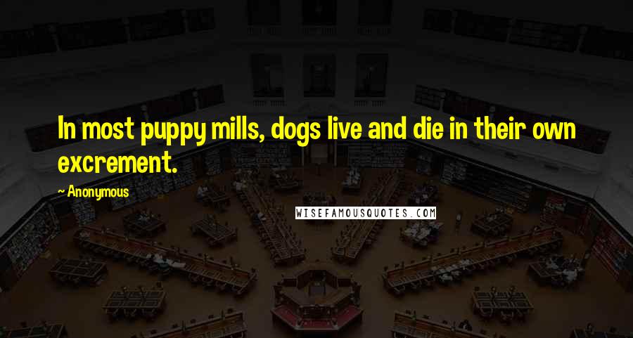 Anonymous Quotes: In most puppy mills, dogs live and die in their own excrement.