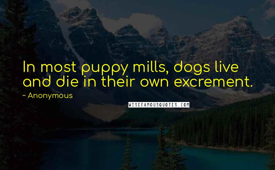 Anonymous Quotes: In most puppy mills, dogs live and die in their own excrement.