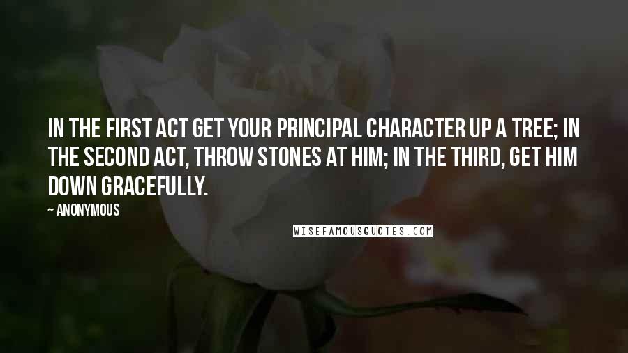 Anonymous Quotes: In the first act get your principal character up a tree; in the second act, throw stones at him; in the third, get him down gracefully.