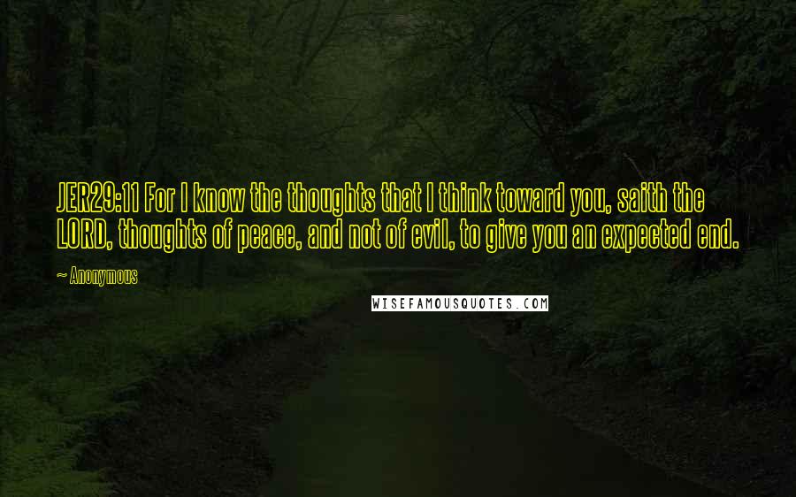 Anonymous Quotes: JER29:11 For I know the thoughts that I think toward you, saith the LORD, thoughts of peace, and not of evil, to give you an expected end.