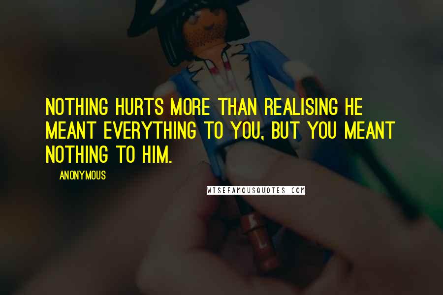 Anonymous Quotes: Nothing hurts more than realising he meant everything to you, but you meant nothing to him.