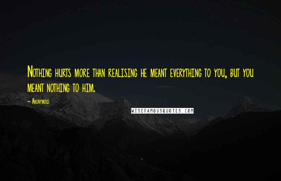 Anonymous Quotes: Nothing hurts more than realising he meant everything to you, but you meant nothing to him.