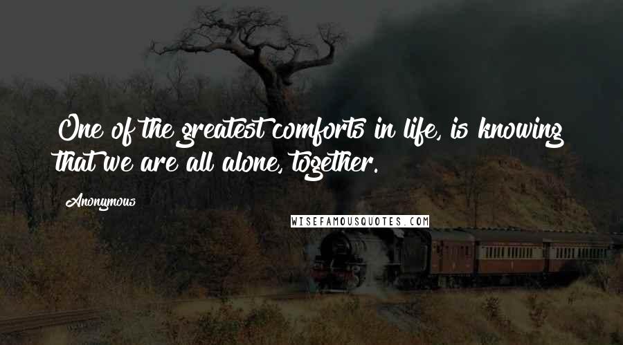 Anonymous Quotes: One of the greatest comforts in life, is knowing that we are all alone, together.