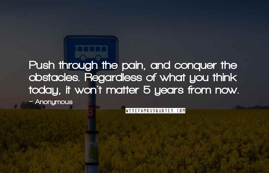 Anonymous Quotes: Push through the pain, and conquer the obstacles. Regardless of what you think today, it won't matter 5 years from now.