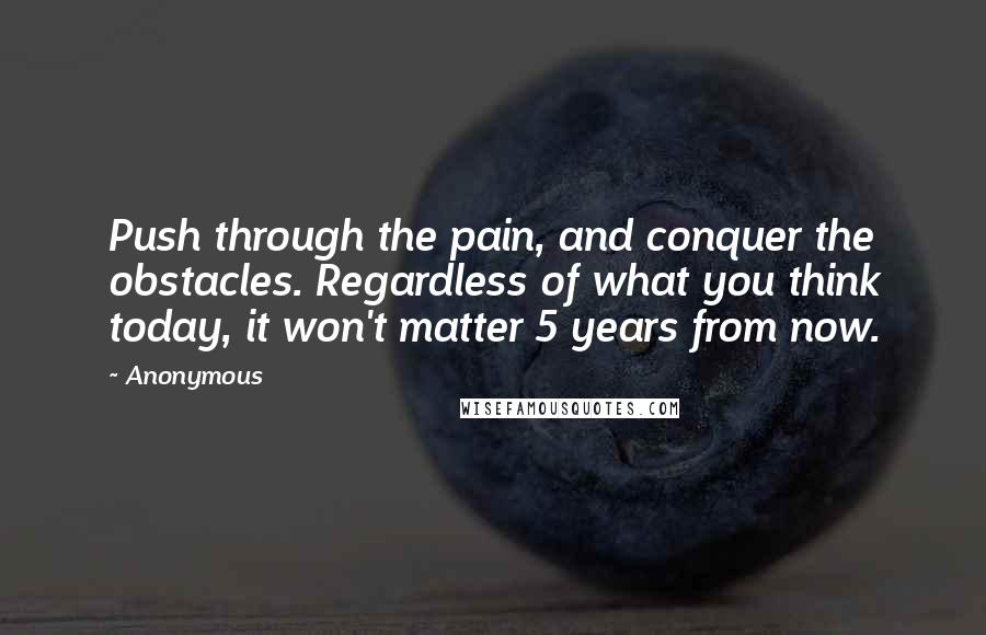 Anonymous Quotes: Push through the pain, and conquer the obstacles. Regardless of what you think today, it won't matter 5 years from now.