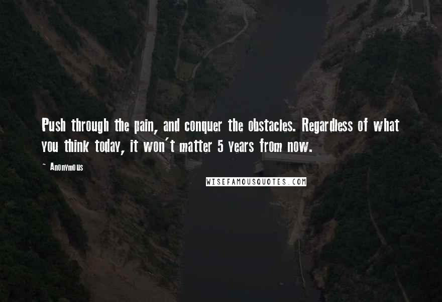 Anonymous Quotes: Push through the pain, and conquer the obstacles. Regardless of what you think today, it won't matter 5 years from now.