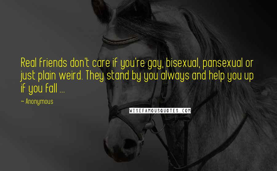Anonymous Quotes: Real friends don't care if you're gay, bisexual, pansexual or just plain weird. They stand by you always and help you up if you fall ...