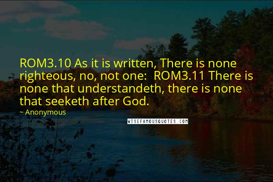 Anonymous Quotes: ROM3.10 As it is written, There is none righteous, no, not one:  ROM3.11 There is none that understandeth, there is none that seeketh after God.