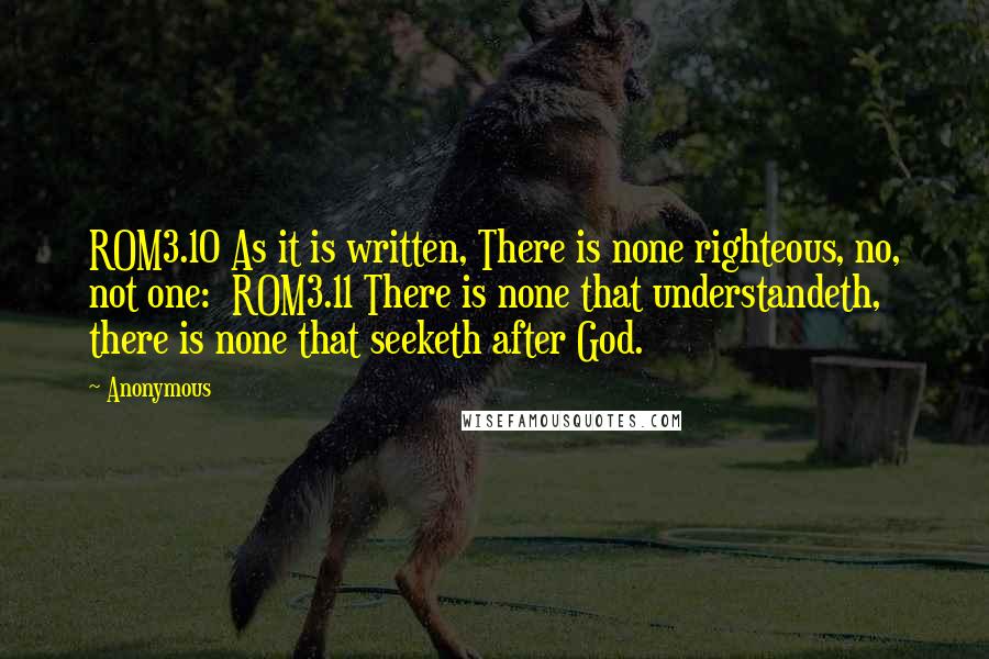 Anonymous Quotes: ROM3.10 As it is written, There is none righteous, no, not one:  ROM3.11 There is none that understandeth, there is none that seeketh after God.