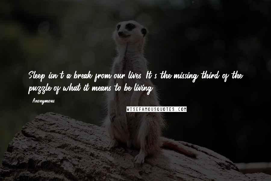 Anonymous Quotes: Sleep isn't a break from our lives. It's the missing third of the puzzle of what it means to be living.