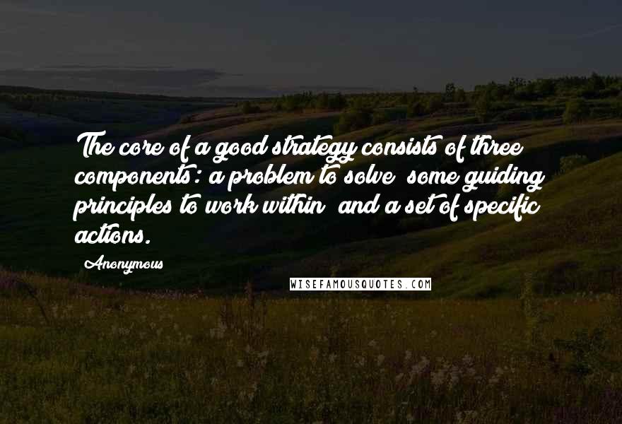 Anonymous Quotes: The core of a good strategy consists of three components: a problem to solve; some guiding principles to work within; and a set of specific actions.