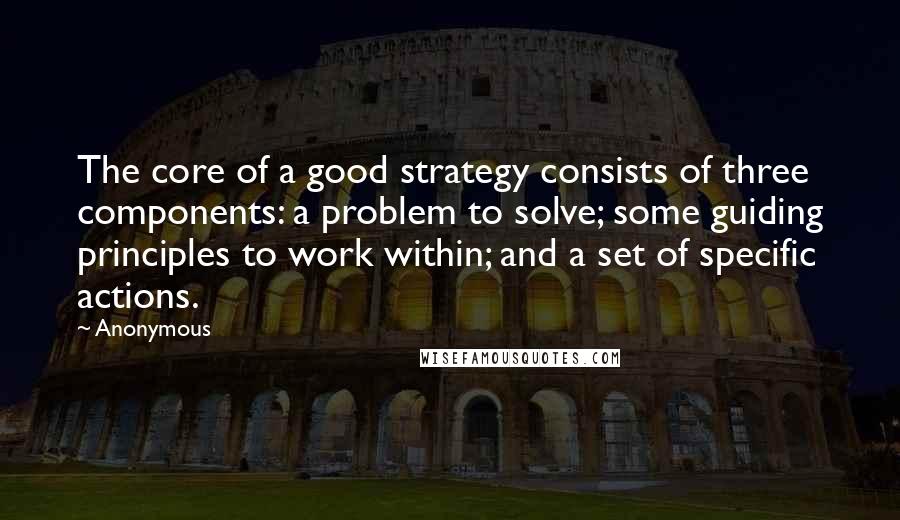 Anonymous Quotes: The core of a good strategy consists of three components: a problem to solve; some guiding principles to work within; and a set of specific actions.