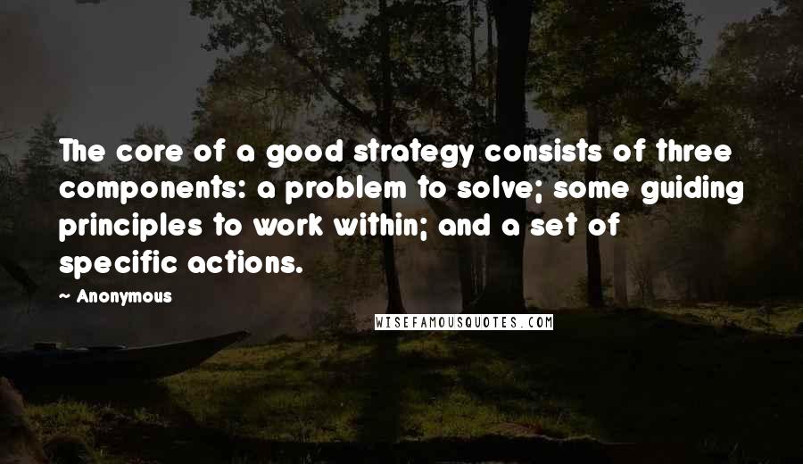 Anonymous Quotes: The core of a good strategy consists of three components: a problem to solve; some guiding principles to work within; and a set of specific actions.