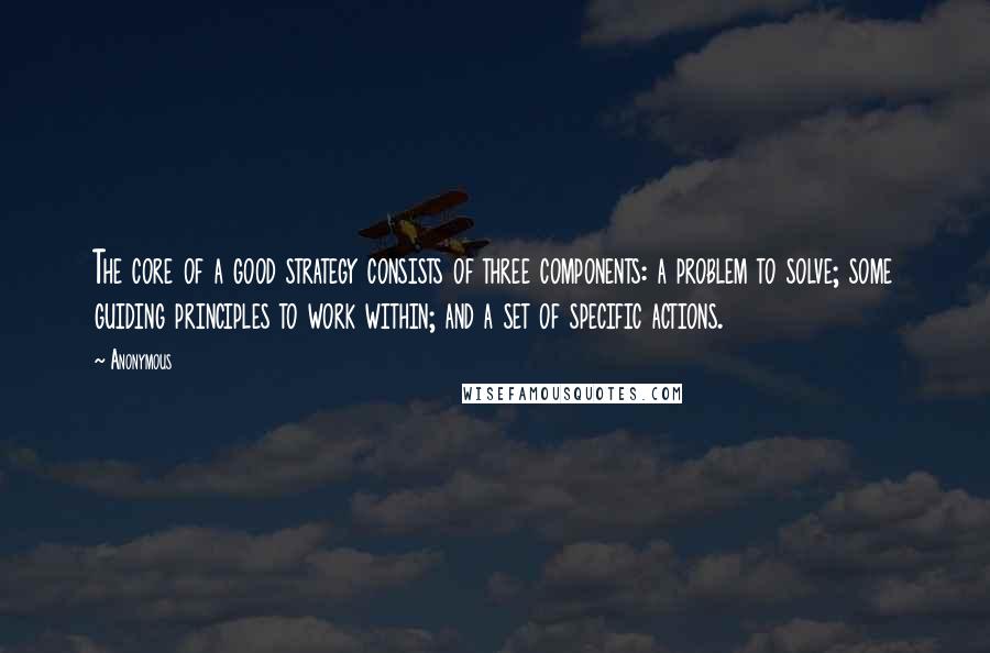 Anonymous Quotes: The core of a good strategy consists of three components: a problem to solve; some guiding principles to work within; and a set of specific actions.