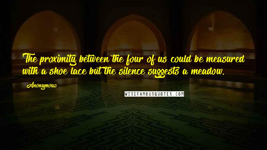 Anonymous Quotes: The proximity between the four of us could be measured with a shoe lace but the silence suggests a meadow.