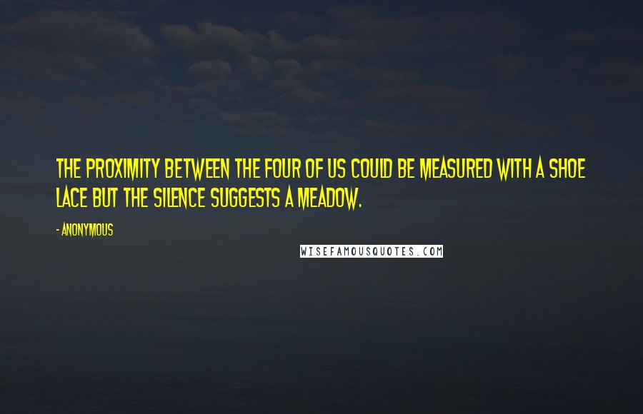 Anonymous Quotes: The proximity between the four of us could be measured with a shoe lace but the silence suggests a meadow.