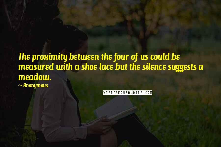 Anonymous Quotes: The proximity between the four of us could be measured with a shoe lace but the silence suggests a meadow.