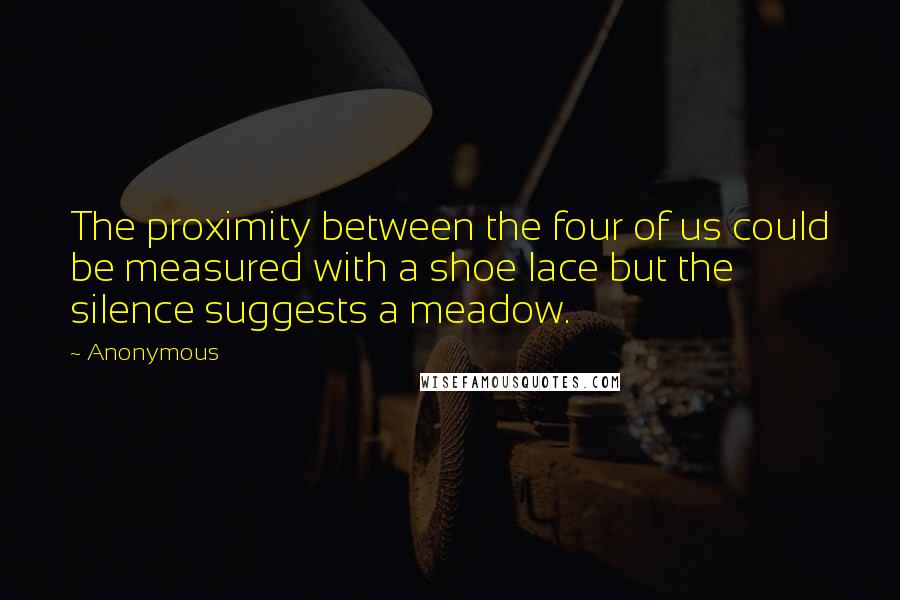 Anonymous Quotes: The proximity between the four of us could be measured with a shoe lace but the silence suggests a meadow.