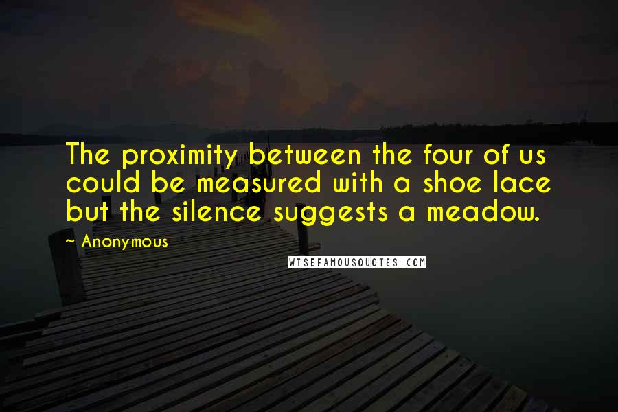 Anonymous Quotes: The proximity between the four of us could be measured with a shoe lace but the silence suggests a meadow.