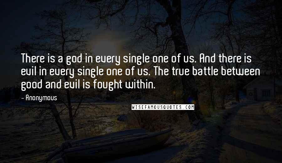 Anonymous Quotes: There is a god in every single one of us. And there is evil in every single one of us. The true battle between good and evil is fought within.