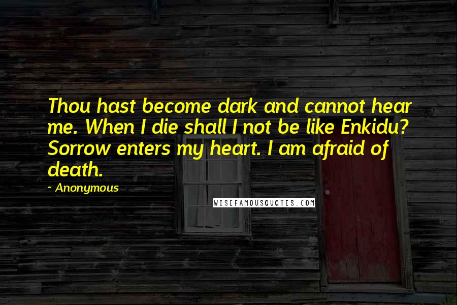 Anonymous Quotes: Thou hast become dark and cannot hear me. When I die shall I not be like Enkidu? Sorrow enters my heart. I am afraid of death.