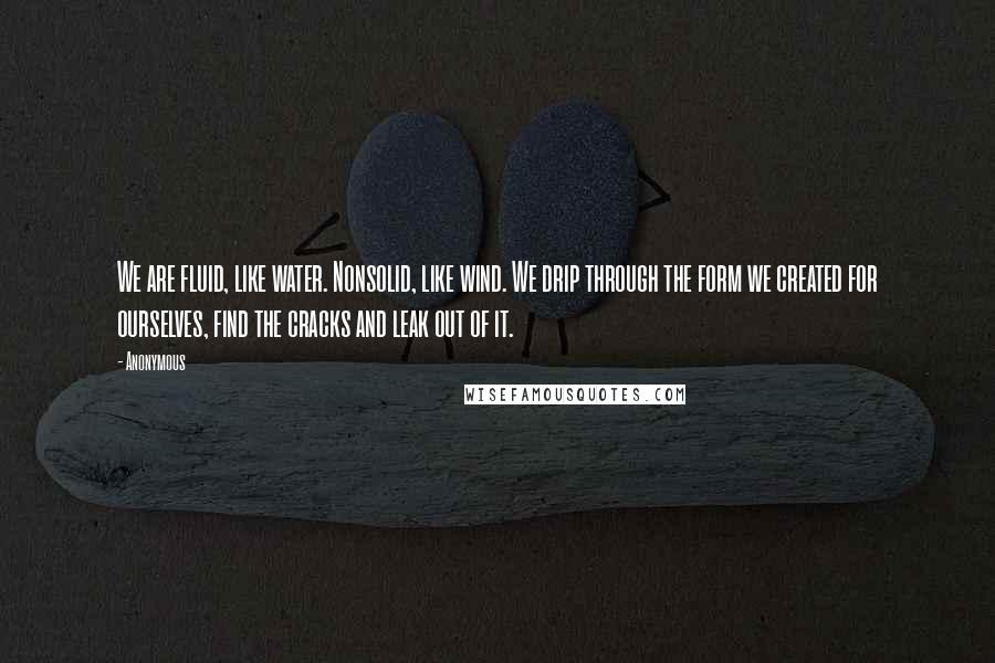 Anonymous Quotes: We are fluid, like water. Nonsolid, like wind. We drip through the form we created for ourselves, find the cracks and leak out of it.