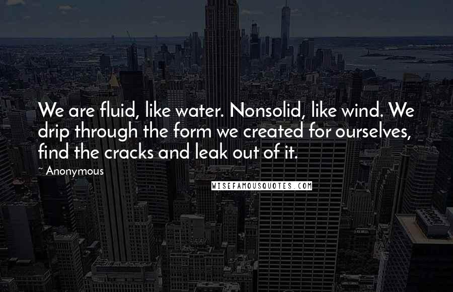 Anonymous Quotes: We are fluid, like water. Nonsolid, like wind. We drip through the form we created for ourselves, find the cracks and leak out of it.