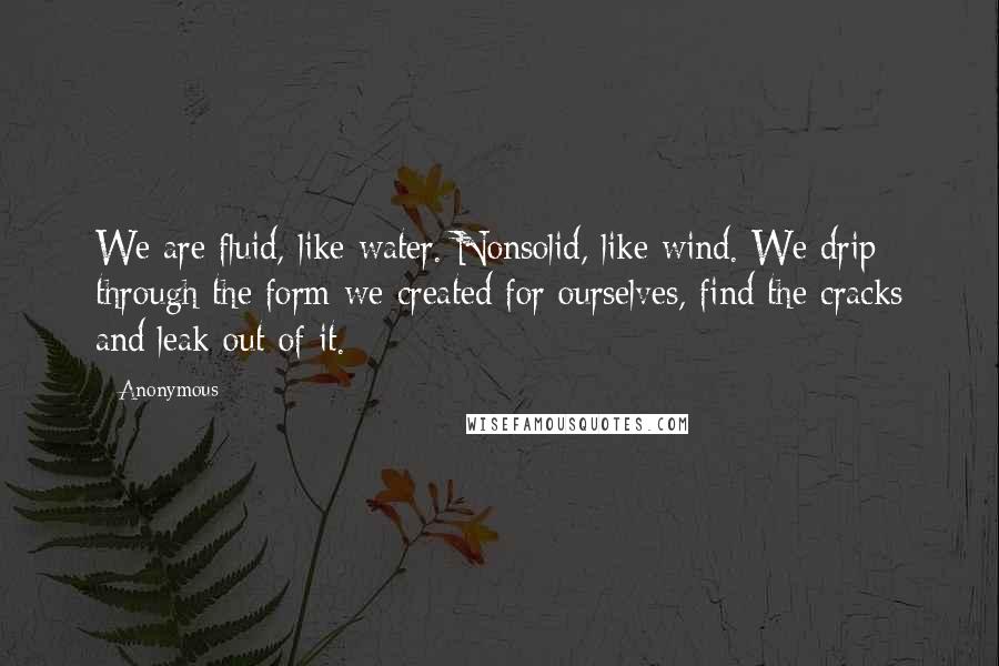 Anonymous Quotes: We are fluid, like water. Nonsolid, like wind. We drip through the form we created for ourselves, find the cracks and leak out of it.