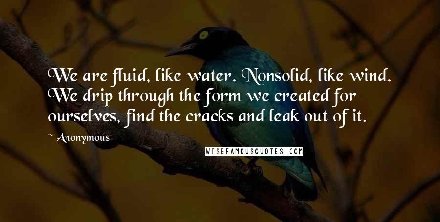 Anonymous Quotes: We are fluid, like water. Nonsolid, like wind. We drip through the form we created for ourselves, find the cracks and leak out of it.