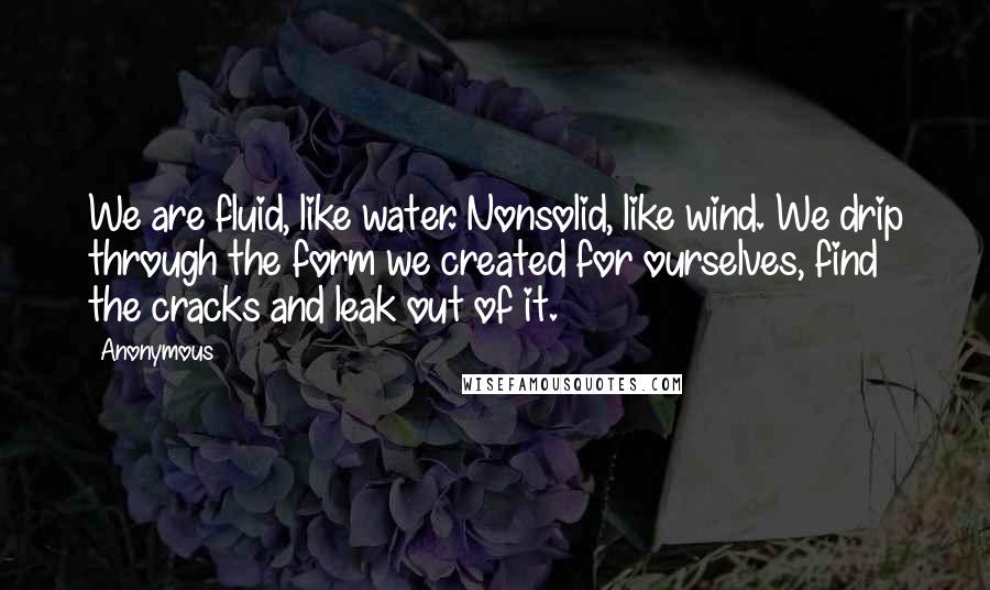 Anonymous Quotes: We are fluid, like water. Nonsolid, like wind. We drip through the form we created for ourselves, find the cracks and leak out of it.