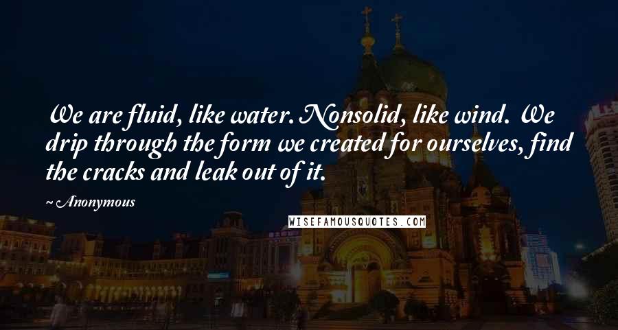 Anonymous Quotes: We are fluid, like water. Nonsolid, like wind. We drip through the form we created for ourselves, find the cracks and leak out of it.