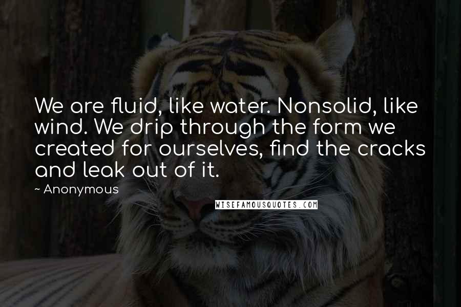 Anonymous Quotes: We are fluid, like water. Nonsolid, like wind. We drip through the form we created for ourselves, find the cracks and leak out of it.