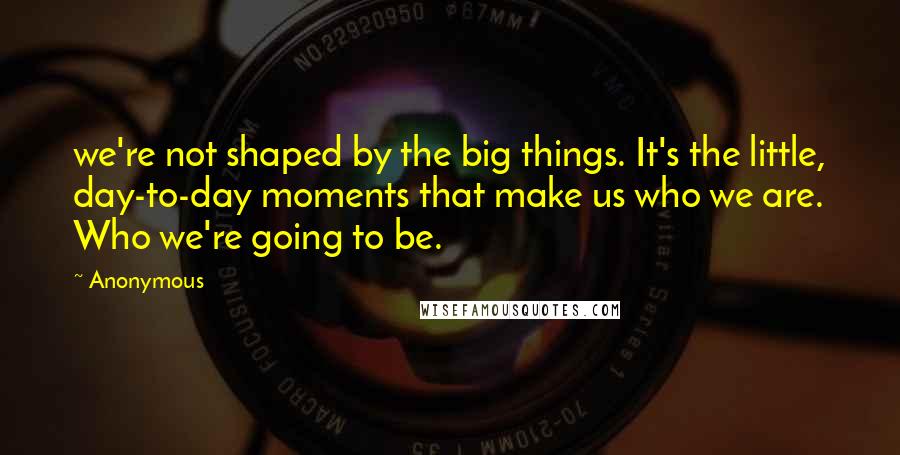 Anonymous Quotes: we're not shaped by the big things. It's the little, day-to-day moments that make us who we are. Who we're going to be.