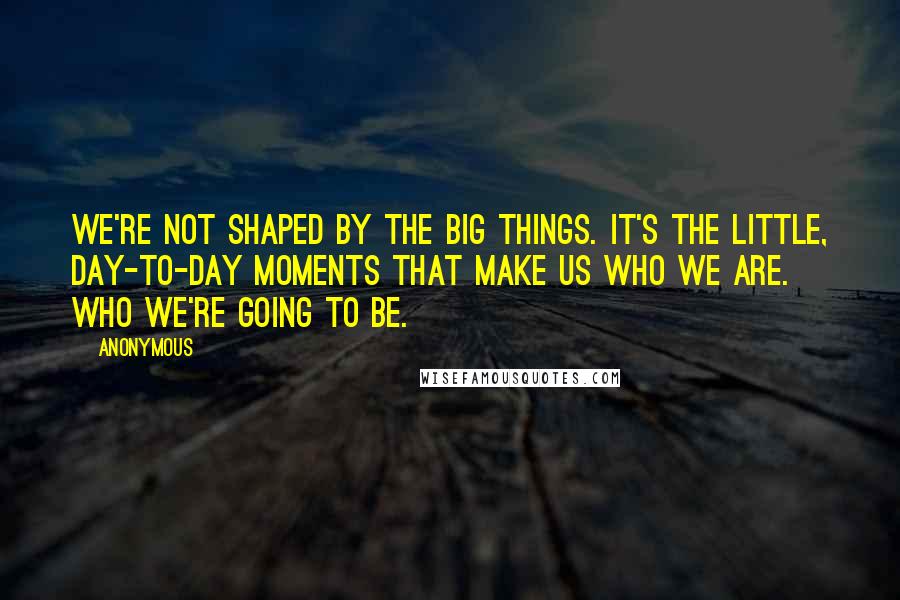 Anonymous Quotes: we're not shaped by the big things. It's the little, day-to-day moments that make us who we are. Who we're going to be.