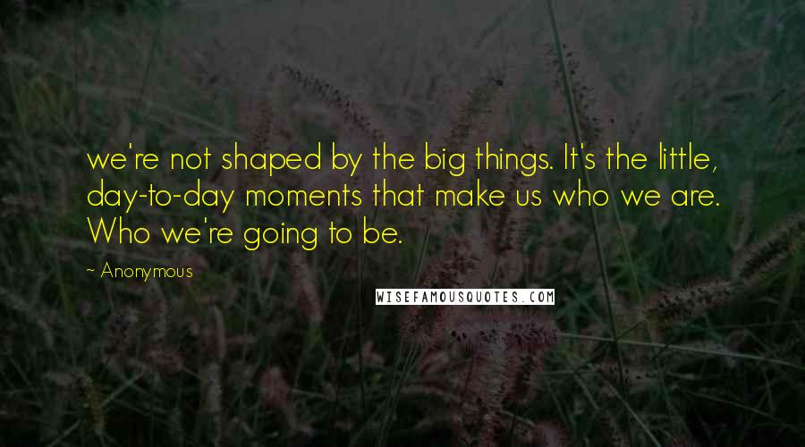 Anonymous Quotes: we're not shaped by the big things. It's the little, day-to-day moments that make us who we are. Who we're going to be.