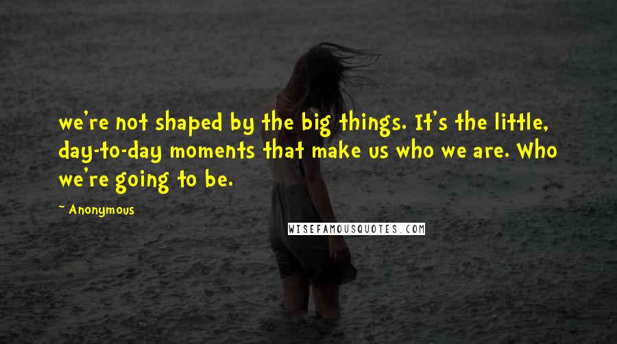 Anonymous Quotes: we're not shaped by the big things. It's the little, day-to-day moments that make us who we are. Who we're going to be.