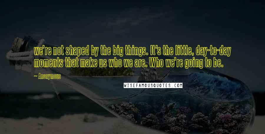 Anonymous Quotes: we're not shaped by the big things. It's the little, day-to-day moments that make us who we are. Who we're going to be.