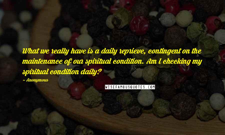 Anonymous Quotes: What we really have is a daily reprieve, contingent on the maintenance of our spiritual condition. Am I checking my spiritual condition daily?