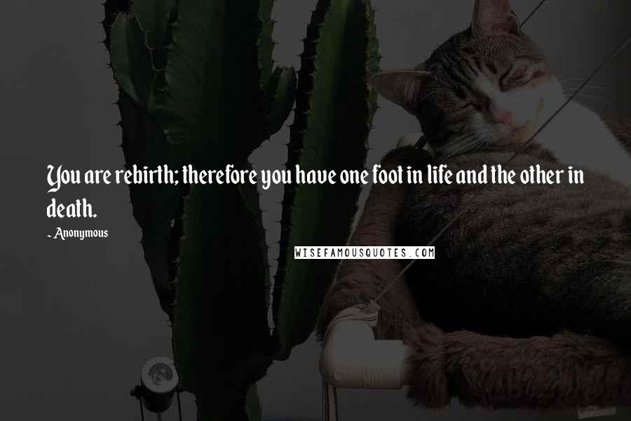 Anonymous Quotes: You are rebirth; therefore you have one foot in life and the other in death.