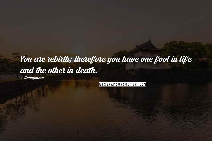Anonymous Quotes: You are rebirth; therefore you have one foot in life and the other in death.