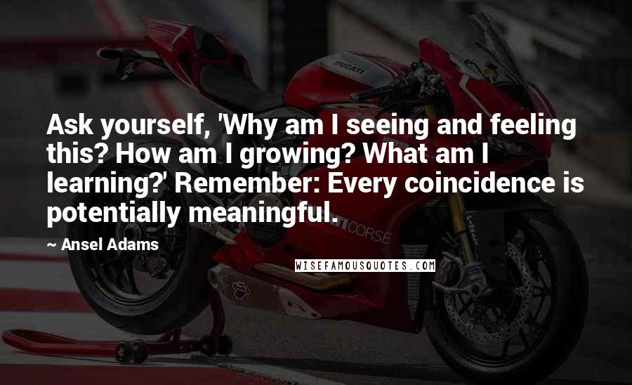 Ansel Adams Quotes: Ask yourself, 'Why am I seeing and feeling this? How am I growing? What am I learning?' Remember: Every coincidence is potentially meaningful.